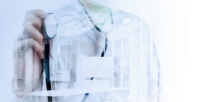 Double exposure of smart medical doctor working with abstract operating room as concept 