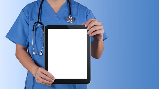 Doctor working with tablet computer background