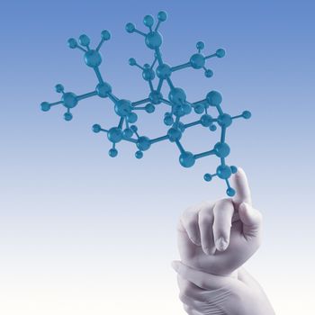 scientist doctor hand holds virtual molecular structure in the lab as concept 