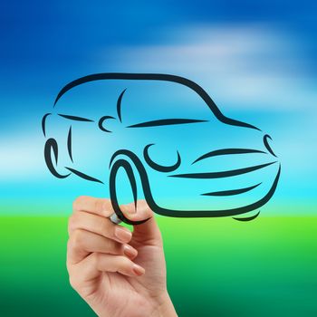 hand drawn of silhouette of car on nature background 