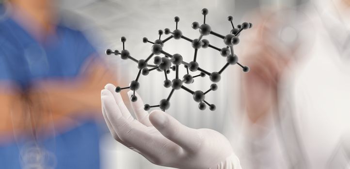 scientist doctor hand holds virtual molecular structure in the lab as concept 