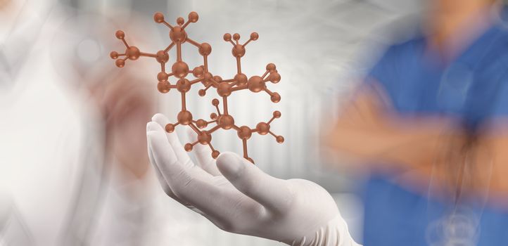 scientist doctor hand holds virtual molecular structure in the lab as concept 