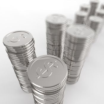 Stack of coins dollar sign 3d on white background