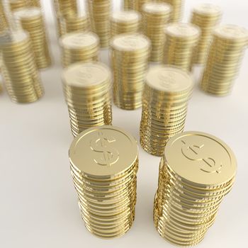 Stack of golden coins dollar sign 3d on white background