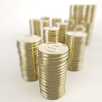 Stack of golden coins dollar sign 3d on white background
