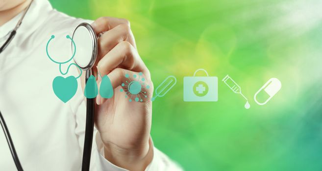 Double exposure of smart medical doctor working with nature background as concept 