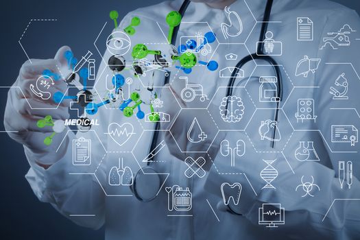 Health care and medical services concept with flat line AR interface.Stethoscope in hand with capsule pill and molecule as medical concept