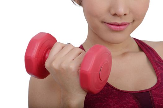 Close up of dumbbells in woman hand on white background.