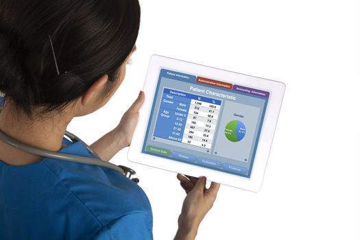 Female doctor holding digital tablet showing patient statistics summary on white background.