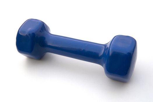 Blue Dumbell on white background. Exercising Equipment during lockdown and quarantine.