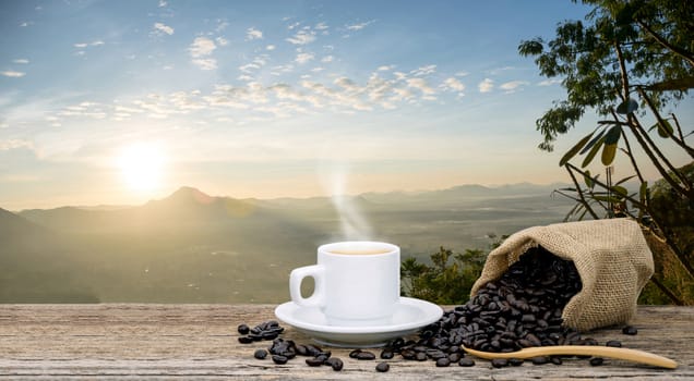 Morning coffee cup and Roasted coffee beans views with mountain sun