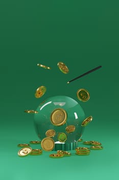3d magic money, a crystal ball that allows money to flow endlessly like you are a financial wizard. 3d rendering.