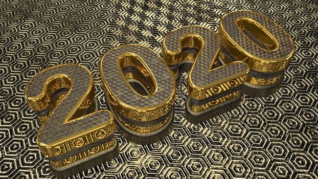 3D pure golden, solid shining text "2020" with golden background