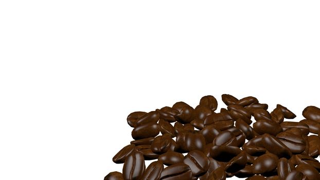 Scattered roasted coffee beans background with copy space for text and advertisements. Coffee beans are healthy for human brain and nervous system. 3D rendering