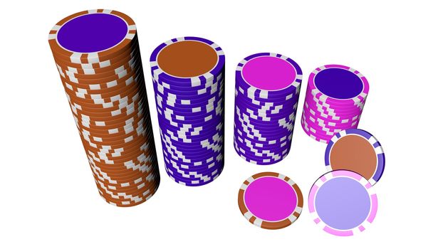 Set of poker chips of different colors and composition isolated on white background.
