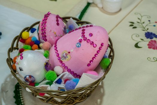 Malaga, Spain - May 18, 2018. decorated eggs in Spanish store souvenir in Malaga city, Spain.