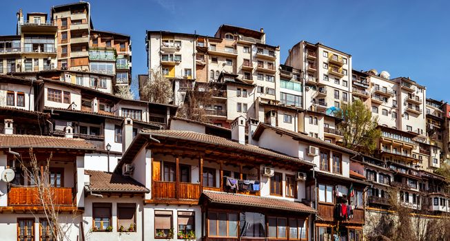 Veliko Tarnovo city, Bulgaria - March 24, 2017. Panoramic view over the old city