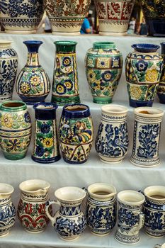 Sibiu City, Romania - 31 August 2019. Traditional Romanian handmade ceramics market at the potters fair from Sibiu, Romania