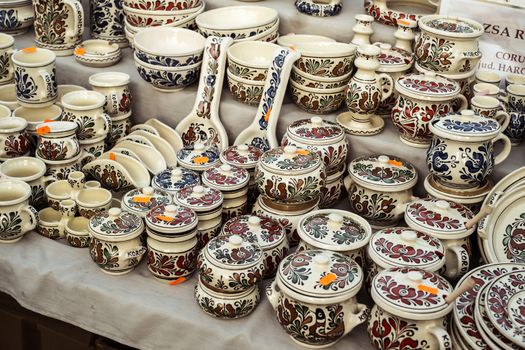 Sibiu City, Romania - 31 August 2019. Traditional Romanian handmade ceramics market at the potters fair from Sibiu, Romania