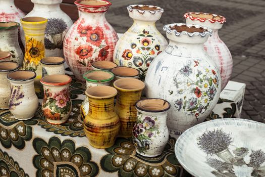 Sibiu City, Romania - 31 August 2019. Traditional Romanian handmade ceramics market at the potters fair from Sibiu, Romania
