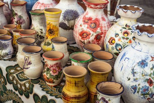 Sibiu City, Romania - 31 August 2019. Traditional Romanian handmade ceramics market at the potters fair from Sibiu, Romania