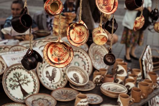 Sibiu City, Romania - 31 August 2019. Traditional Romanian handmade ceramics market at the potters fair from Sibiu, Romania