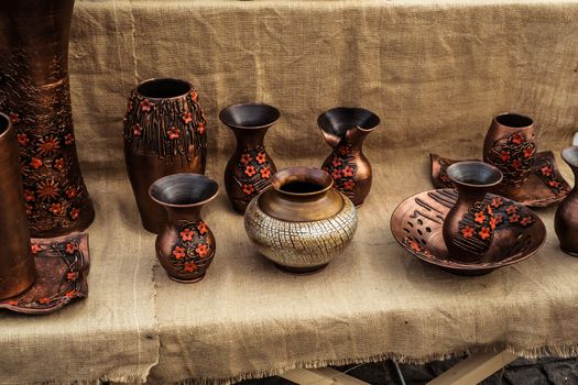 Sibiu City, Romania - 31 August 2019. Traditional Romanian handmade ceramics market at the potters fair from Sibiu, Romania