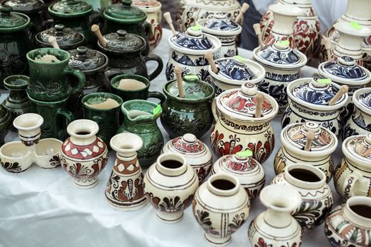Sibiu City, Romania - 31 August 2019. Traditional Romanian handmade ceramics market at the potters fair from Sibiu, Romania