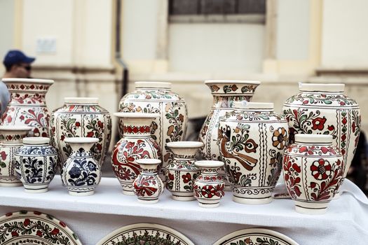 Sibiu City, Romania - 31 August 2019. Traditional Romanian handmade ceramics market at the potters fair from Sibiu, Romania