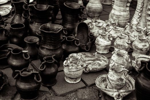 Sibiu City, Romania - 31 August 2019. Traditional Romanian handmade ceramics market at the potters fair from Sibiu, Romania