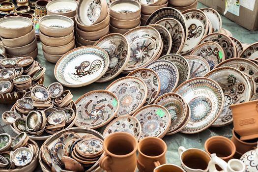 Sibiu City, Romania - 31 August 2019. Traditional Romanian handmade ceramics market at the potters fair from Sibiu, Romania
