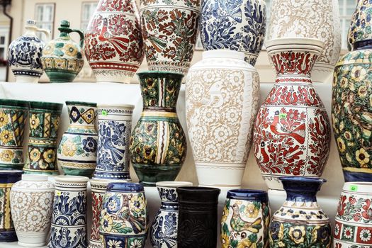 Sibiu City, Romania - 31 August 2019. Traditional Romanian handmade ceramics market at the potters fair from Sibiu, Romania