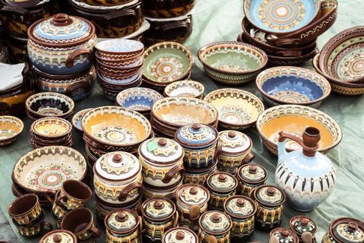 Sibiu City, Romania - 31 August 2019. Traditional Romanian handmade ceramics market at the potters fair from Sibiu, Romania