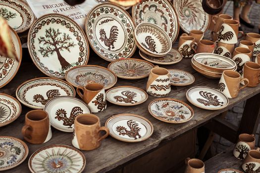 Sibiu City, Romania - 31 August 2019. Traditional Romanian handmade ceramics market at the potters fair from Sibiu, Romania