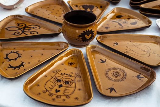 Sibiu City, Romania - 31 August 2019. Traditional Romanian handmade ceramics market at the potters fair from Sibiu, Romania