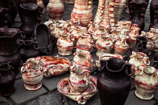 Sibiu City, Romania - 31 August 2019. Traditional Romanian handmade ceramics market at the potters fair from Sibiu, Romania