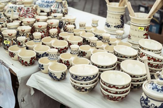 Sibiu City, Romania - 31 August 2019. Traditional Romanian handmade ceramics market at the potters fair from Sibiu, Romania