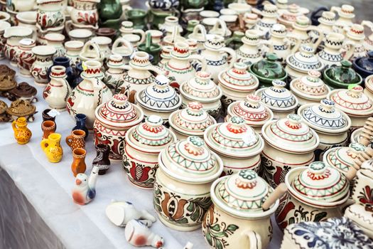 Sibiu City, Romania - 31 August 2019. Traditional Romanian handmade ceramics market at the potters fair from Sibiu, Romania