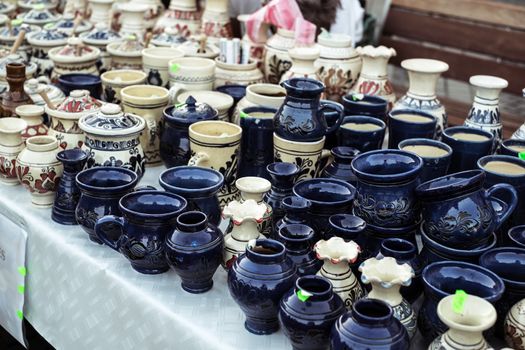 Sibiu City, Romania - 31 August 2019. Traditional Romanian handmade ceramics market at the potters fair from Sibiu, Romania