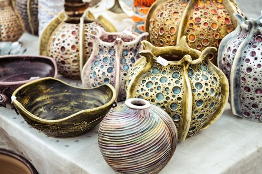 Sibiu City, Romania - 31 August 2019. Traditional Romanian handmade ceramics market at the potters fair from Sibiu, Romania