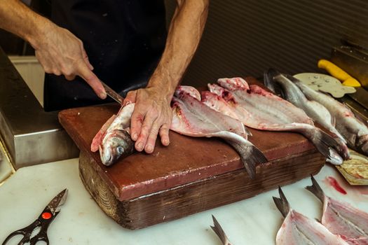 a man eviscerating  fresh Mediterranean fish on Ataranzanas Central Market, Malaga, Spain