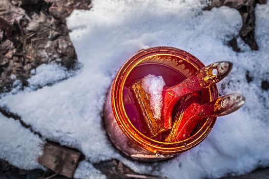 a metallic box with paint and two brushes in the snow