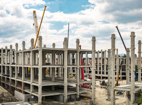 Sibiu, Romania - April 20, 2019. workers at The mall Festival Centrum building site