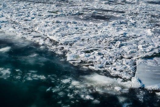 Aerial view of ice floes in the Danube river