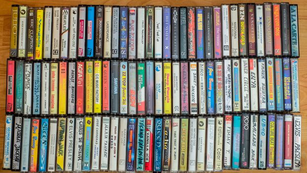 Giurgiu, Romania - April 21, 2016. Audio cassette collection, top view