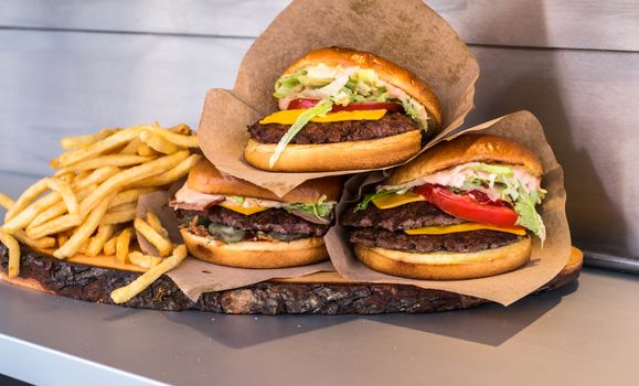 appetizing hamburger on the counter in the market