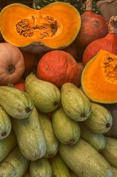autumn pumpkins on the market stall