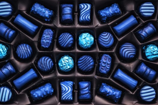 Blue chocolate candies in the box, top view