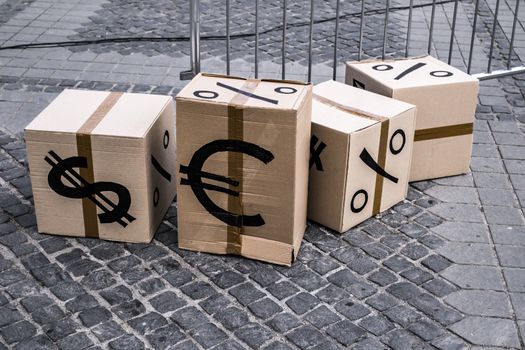 cartoon boxes with euro and dollar signs in Sibiu center, Romania