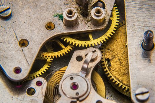Clockwork old mechanical watch with dust